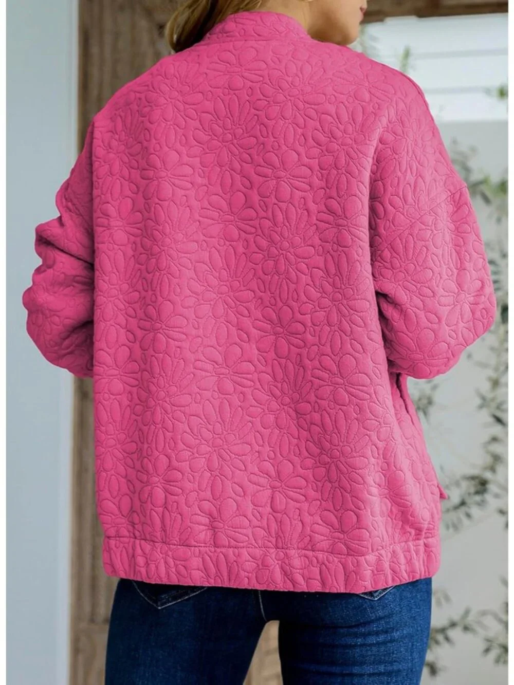 Women's Rose Red Lightweight Stand Collar Long Sleeve Outerwear Bomber Jacket